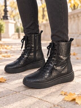 Geox Black Leather Croc-Embossed Lace-Up Platform Ankle Boots❤️9.5-10/41